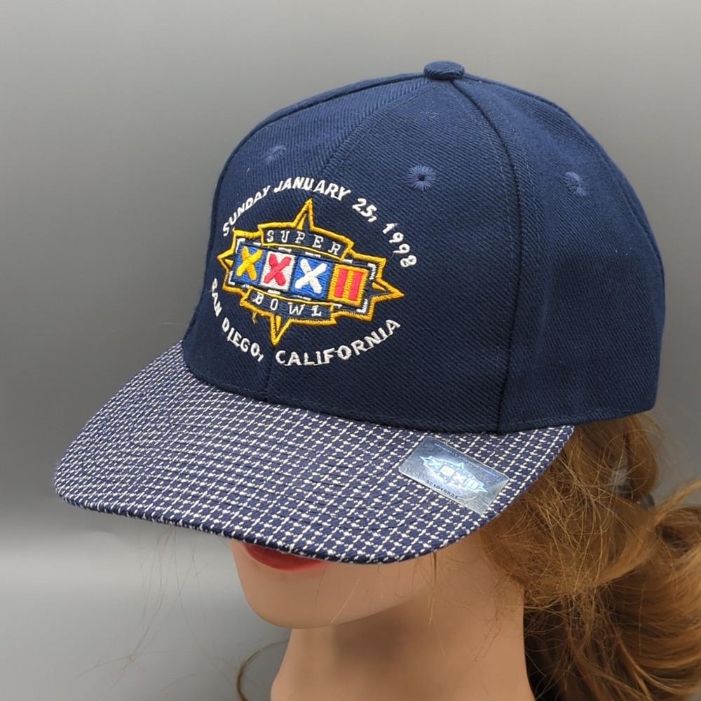 Super Bowl XXXII 1998 San Diego Logo Athletics NFL Hat Cap OSFA Blue Grid Brim